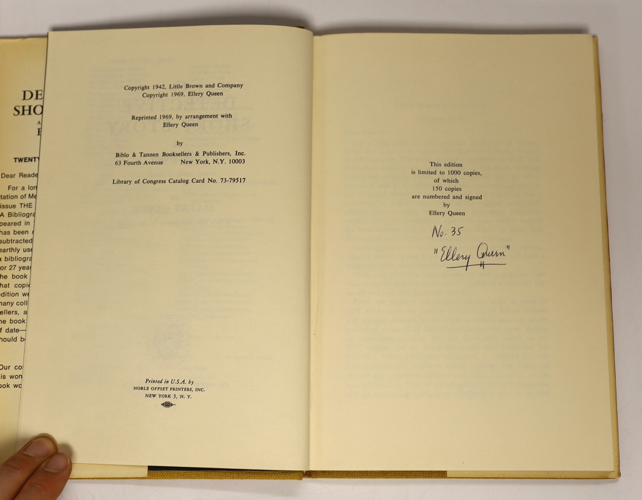 Queen, Ellery - The Detective Short Story: a bibliography. Limited Edition (of 150 numbered copies, signed by the author). publisher's cloth and d/wrapper. New York: Biblo and Tannen, 1969